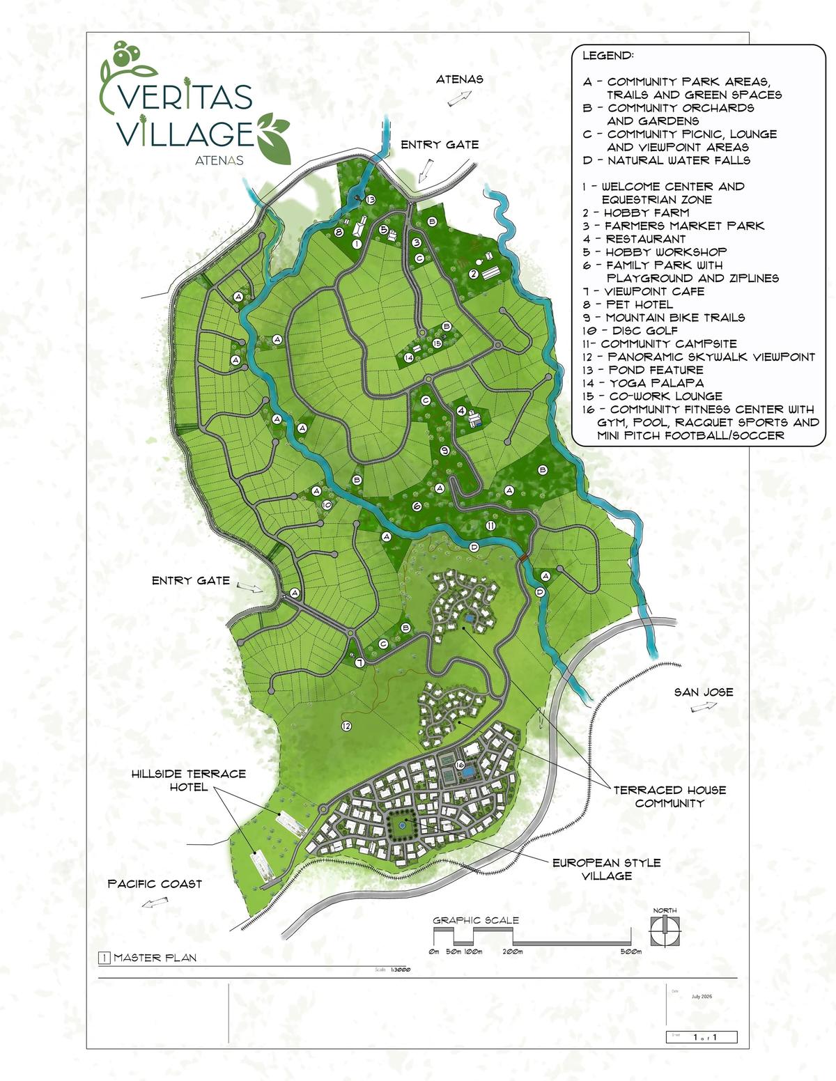 Master plan of Veritas Village Atenas, dated July 2026, showing the terraced house community and European style village along two rivers, with the hillside terrace hotel to the south and the numbered amenities listed in the legend