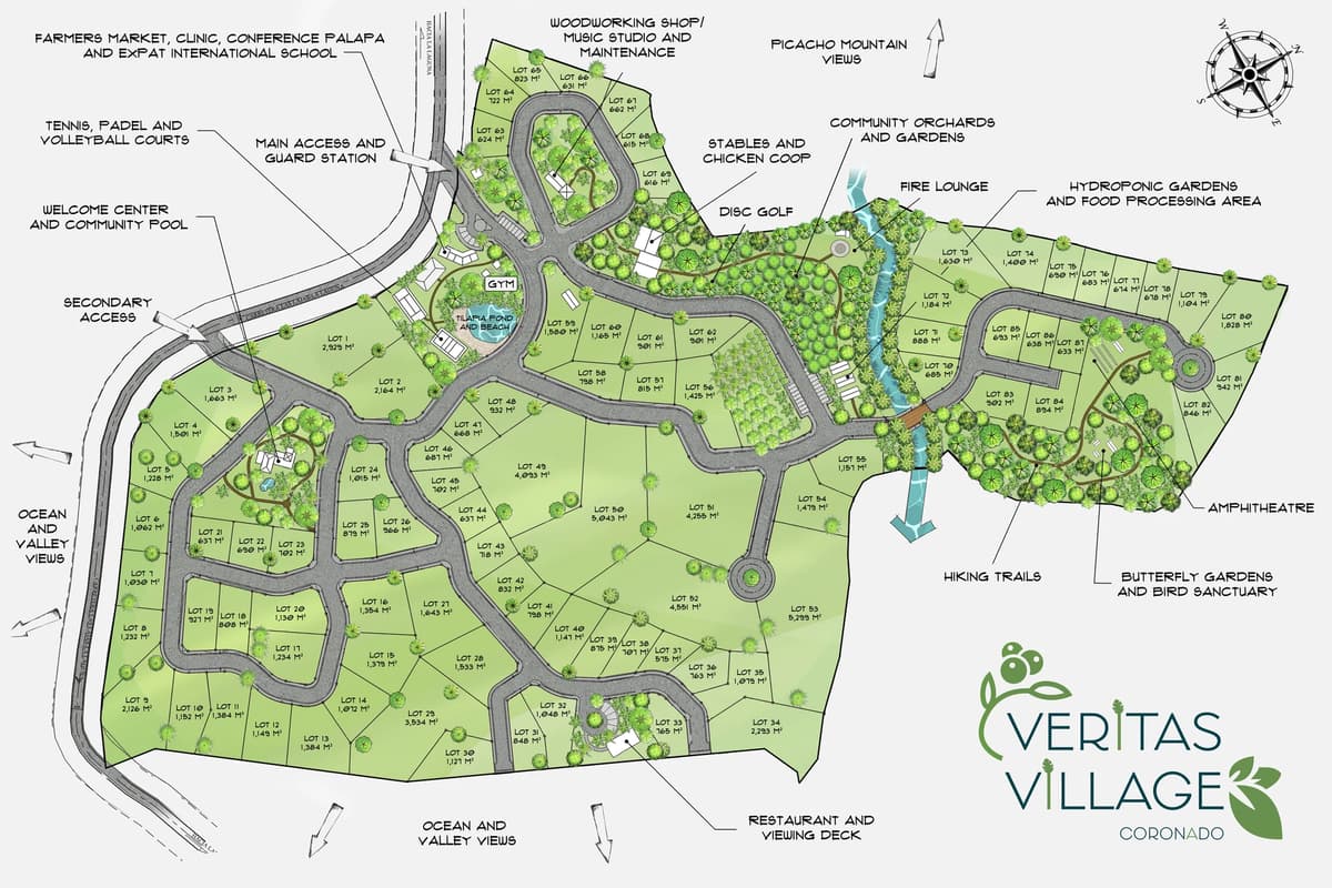 Master plan of Veritas Village Coronado showing 87 numbered lots with their sizes in square metres, the welcome centre and community pool, the tilapia pond, stables, orchards and hydroponic gardens, and the amphitheatre and butterfly gardens along the creek to the east