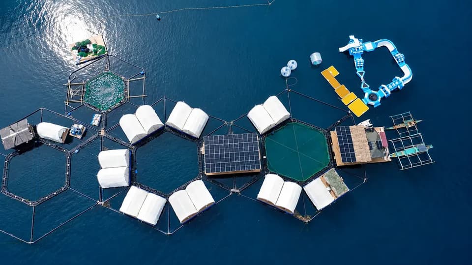 An angled aerial view of the Reef Resort, glamphouses ringing two hexagonal platforms around a fish pen and a solar array