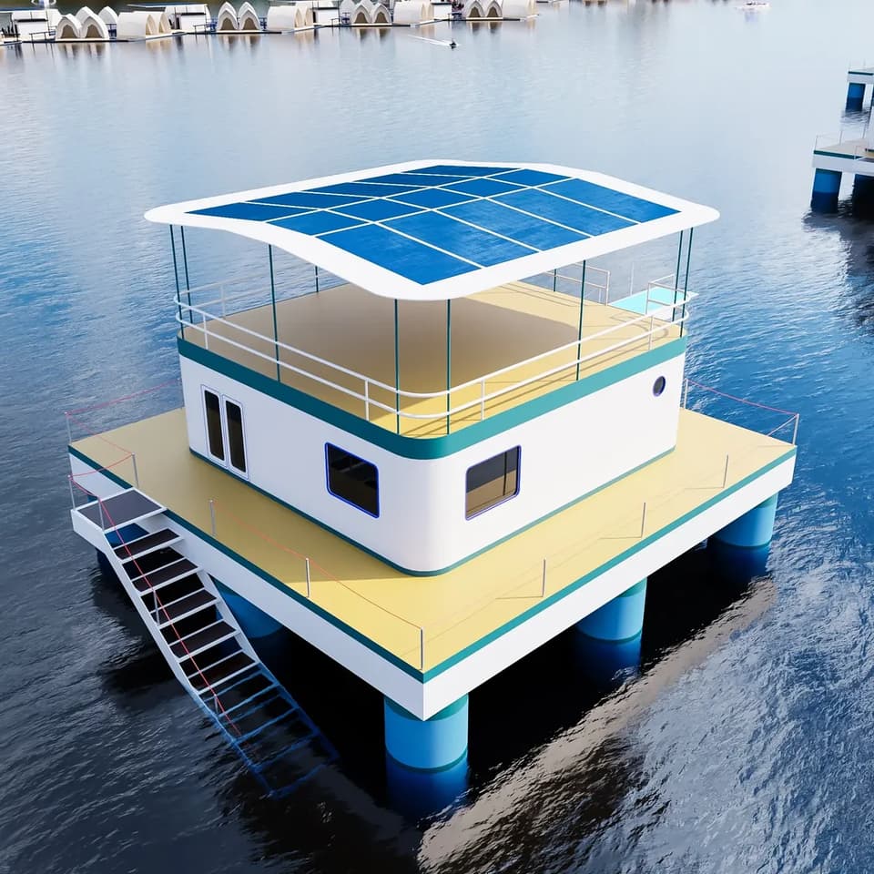 Rendering of the ArkPad-D from above, its solar roof, external stair and deck over the spars