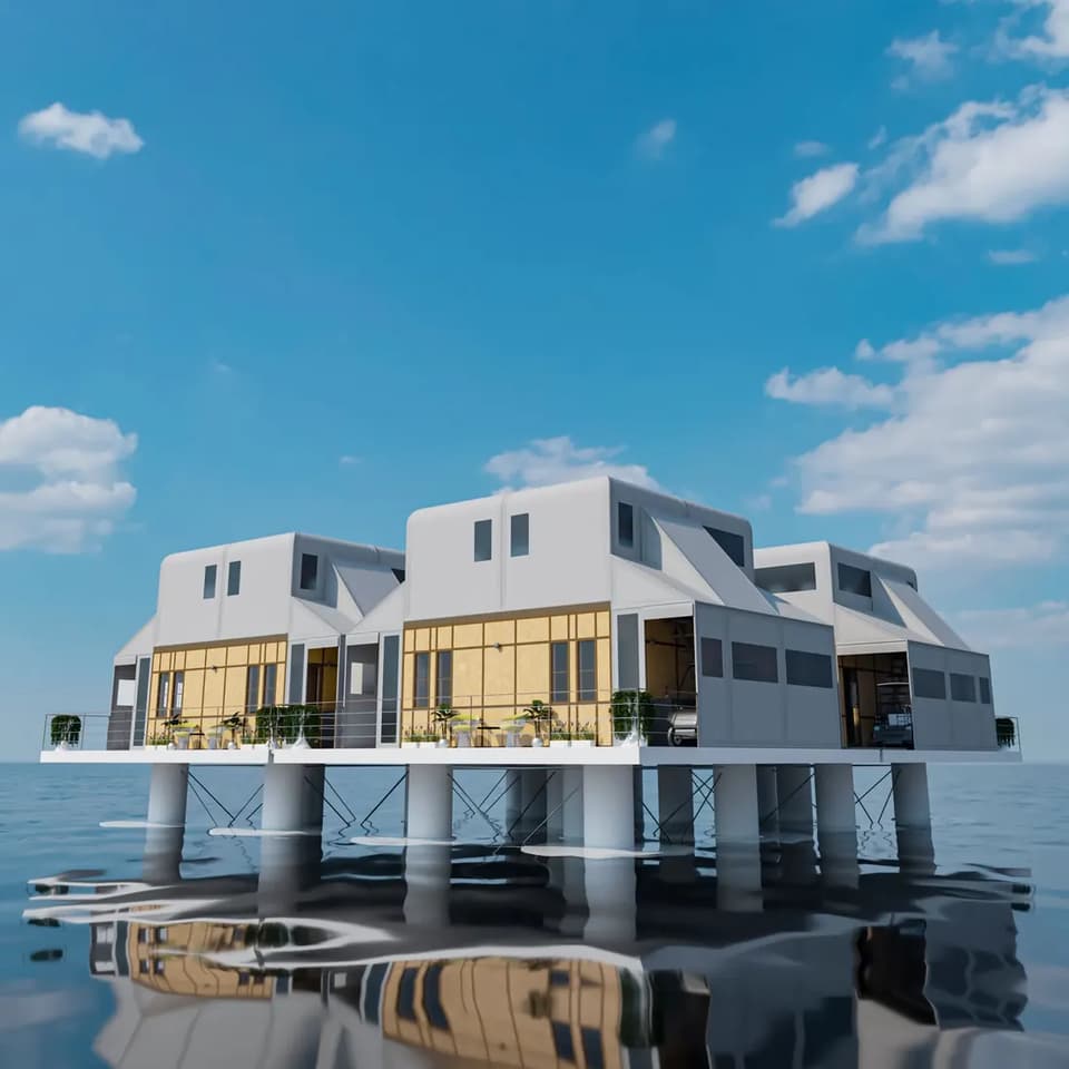 Rendering of several ArkPad units joined into a floating cluster, glazed fronts and roof terraces over the water