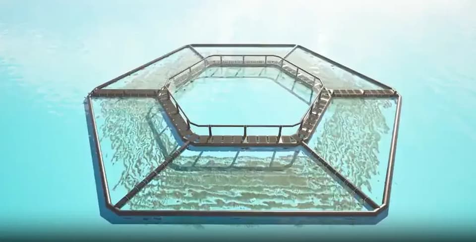Rendering of a Hexafarm cage seen from below the surface, the hexagonal net and walkway against the light