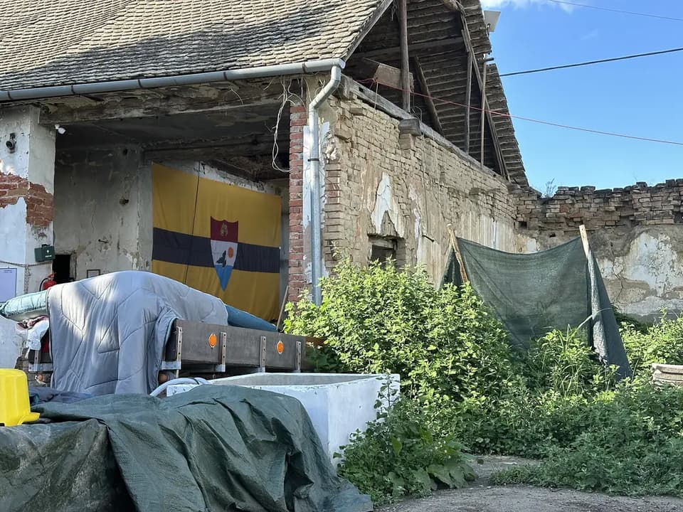 A Liberland flag hung at the settlers’ base camp near the territory