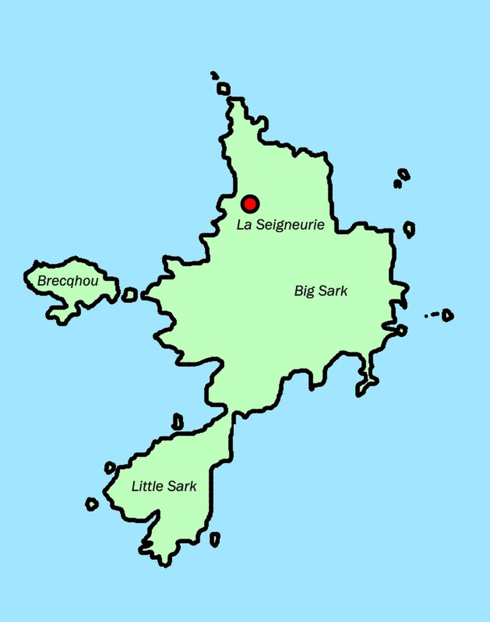 Map of Sark in the Channel Islands, showing Big Sark, Little Sark, the island of Brecqhou and La Seigneurie