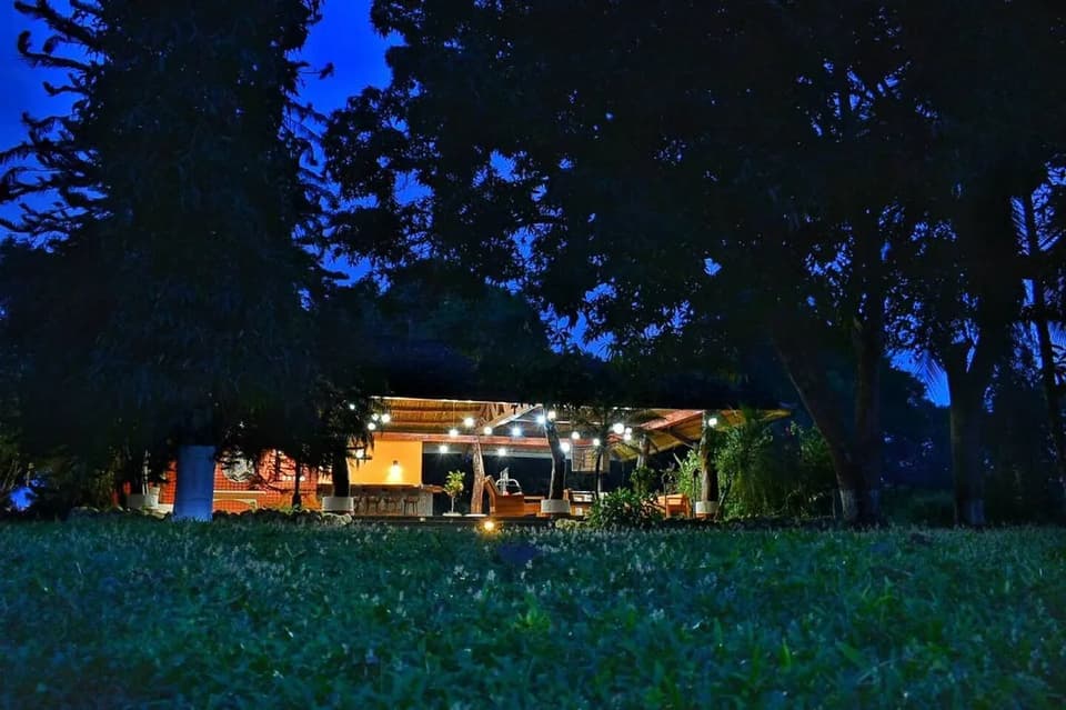 The community rancho lit up after dark