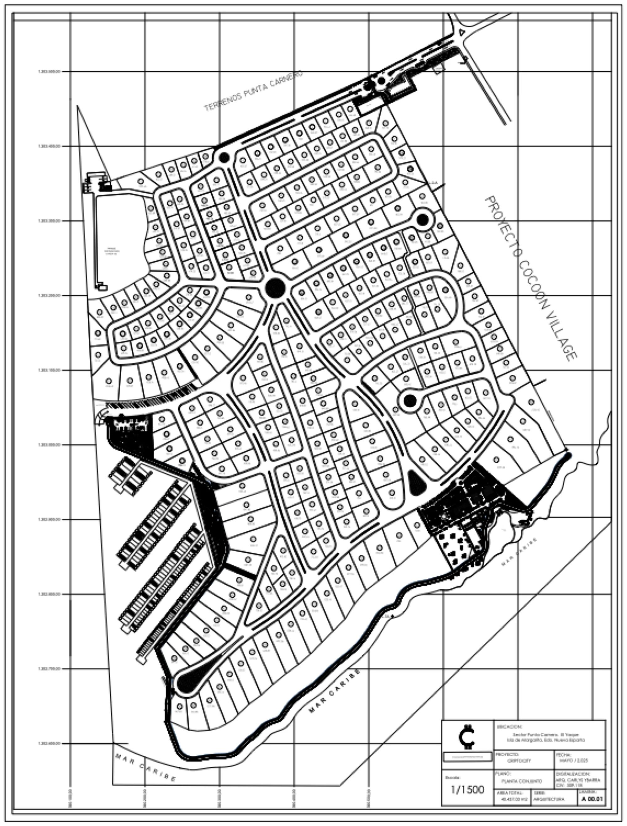 The CryptoCity master plan at 1:1500: three hundred numbered plots along curved streets on the Punta Carnero headland, with the marina berths on the west side, the beach club at the shore and the Caribbean along the south and east