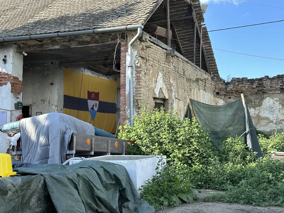 A Liberland flag hung at the settlers’ base camp near the territory