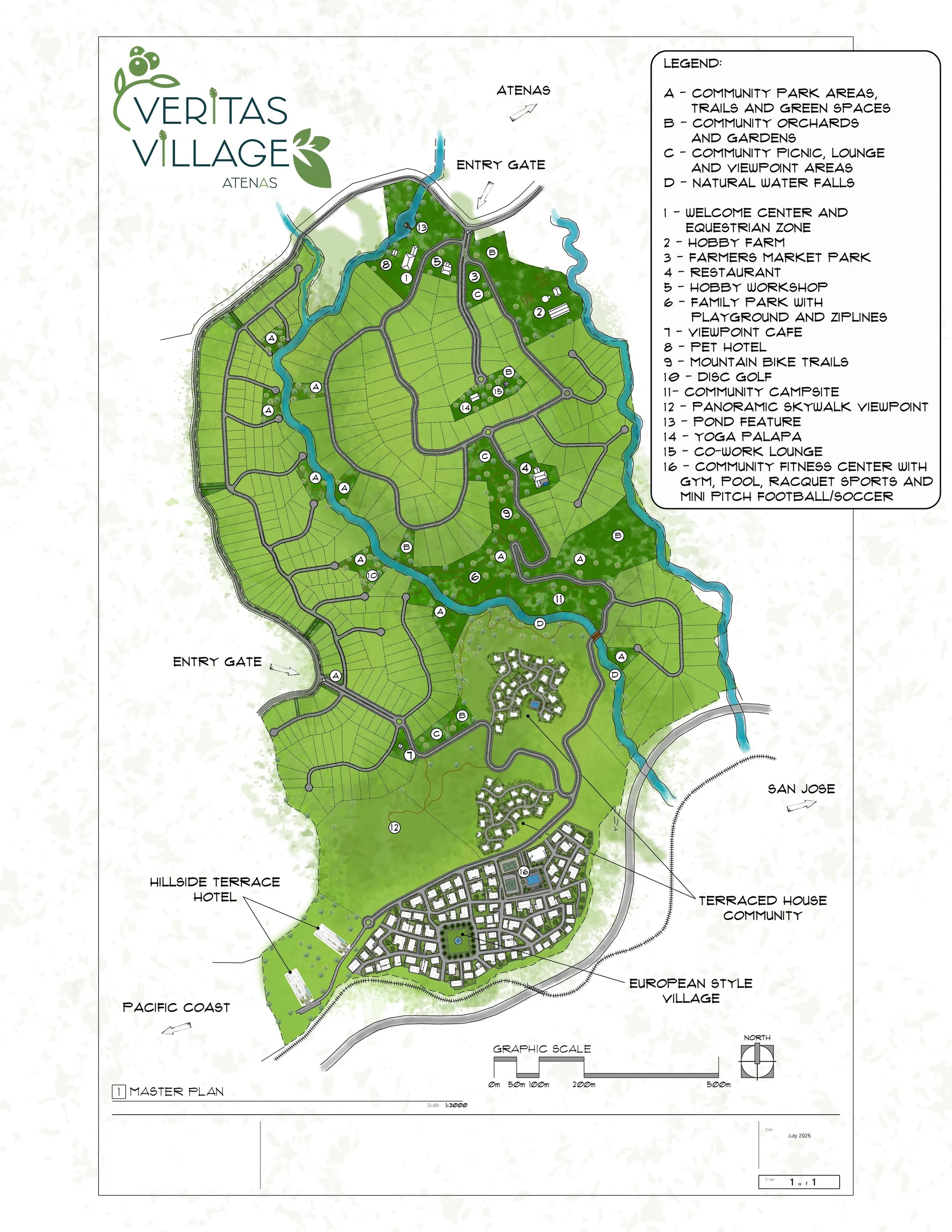 Master plan of Veritas Village Atenas, dated July 2026, showing the terraced house community and European style village along two rivers, with the hillside terrace hotel to the south and the numbered amenities listed in the legend