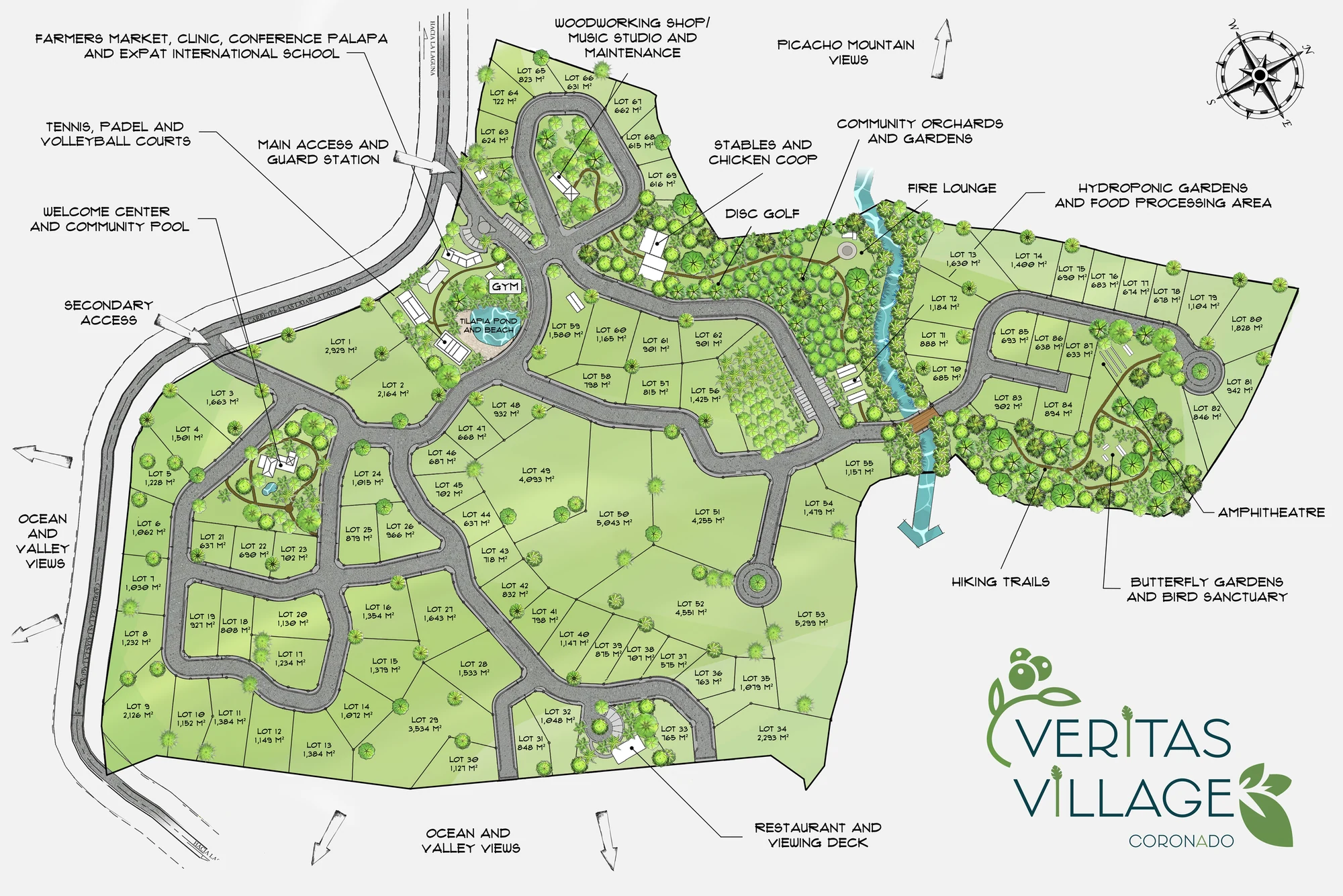 Master plan of Veritas Village Coronado showing 87 numbered lots with their sizes in square metres, the welcome centre and community pool, the tilapia pond, stables, orchards and hydroponic gardens, and the amphitheatre and butterfly gardens along the creek to the east