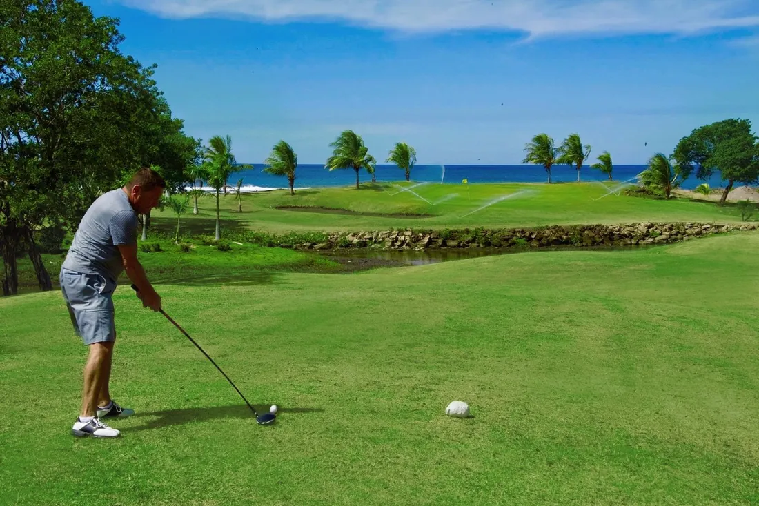 A golfer on the coastal course at Gran Pacifica, with palms and the Pacific behind
