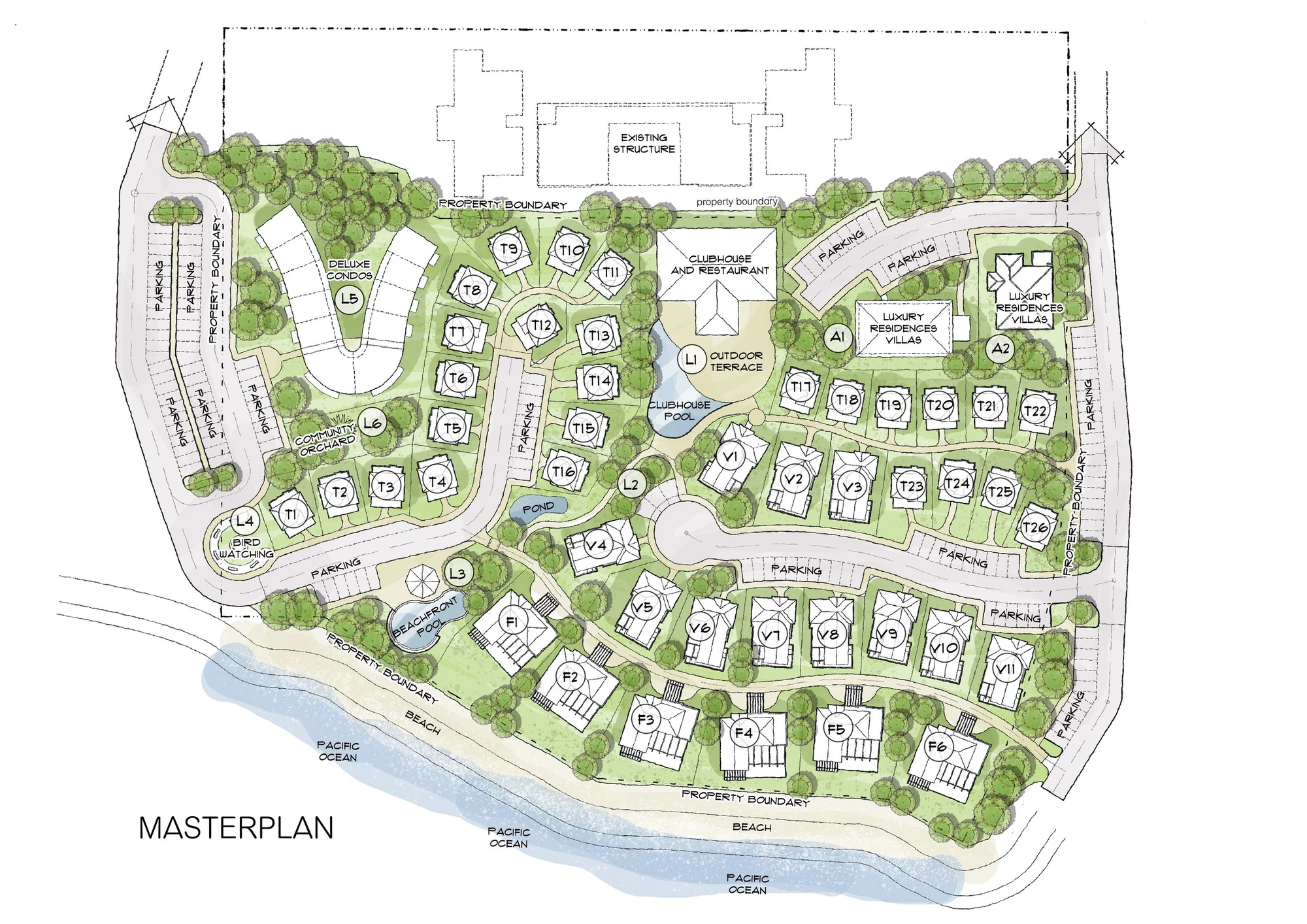 Master plan of Veritas Village Playa Pacifica showing terraced homes, villas and beachfront houses around a clubhouse and restaurant, with the beachfront pool, community orchard and bird-watching area along the Pacific shore